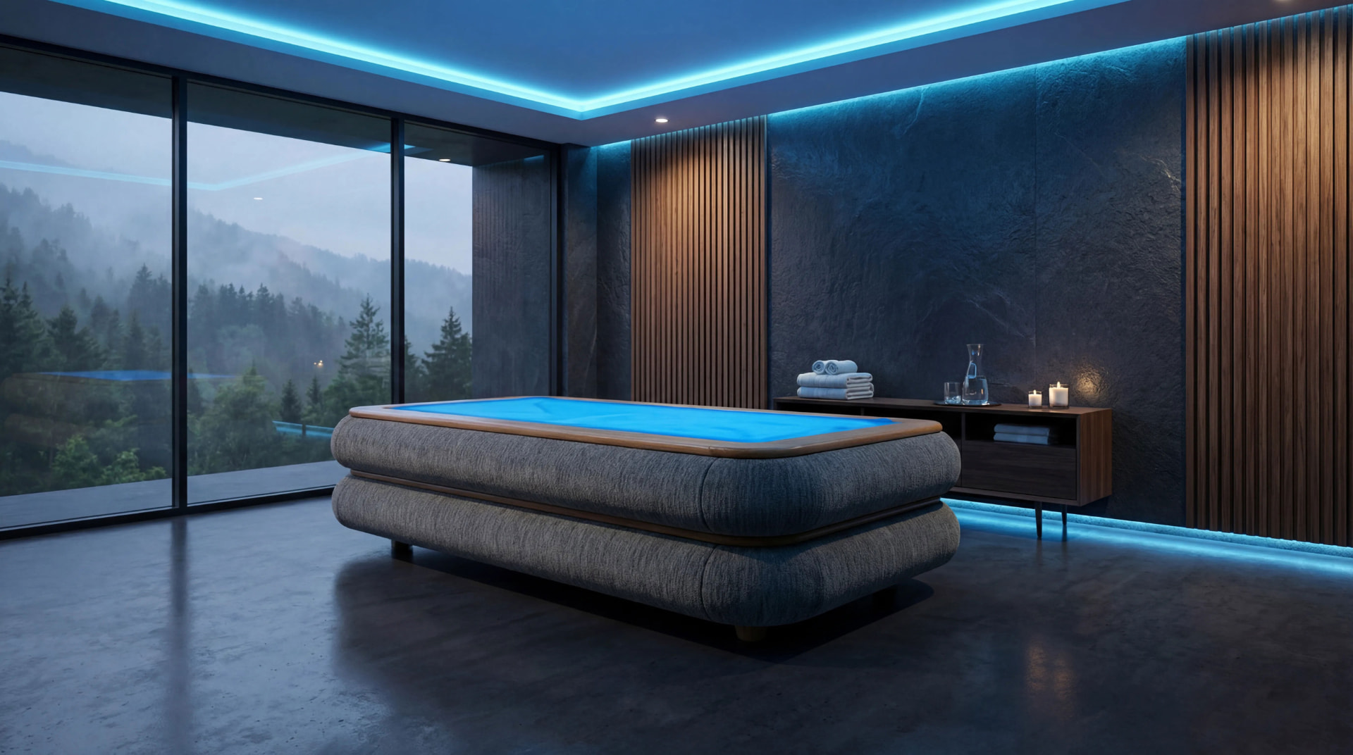 Cabina SPA con lettino e illuminazione blu